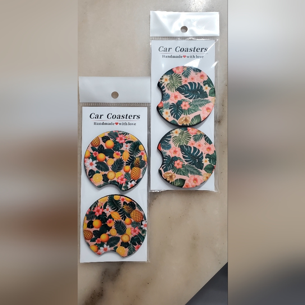 Tropical Print Car Coasters 2 Sets of 2.